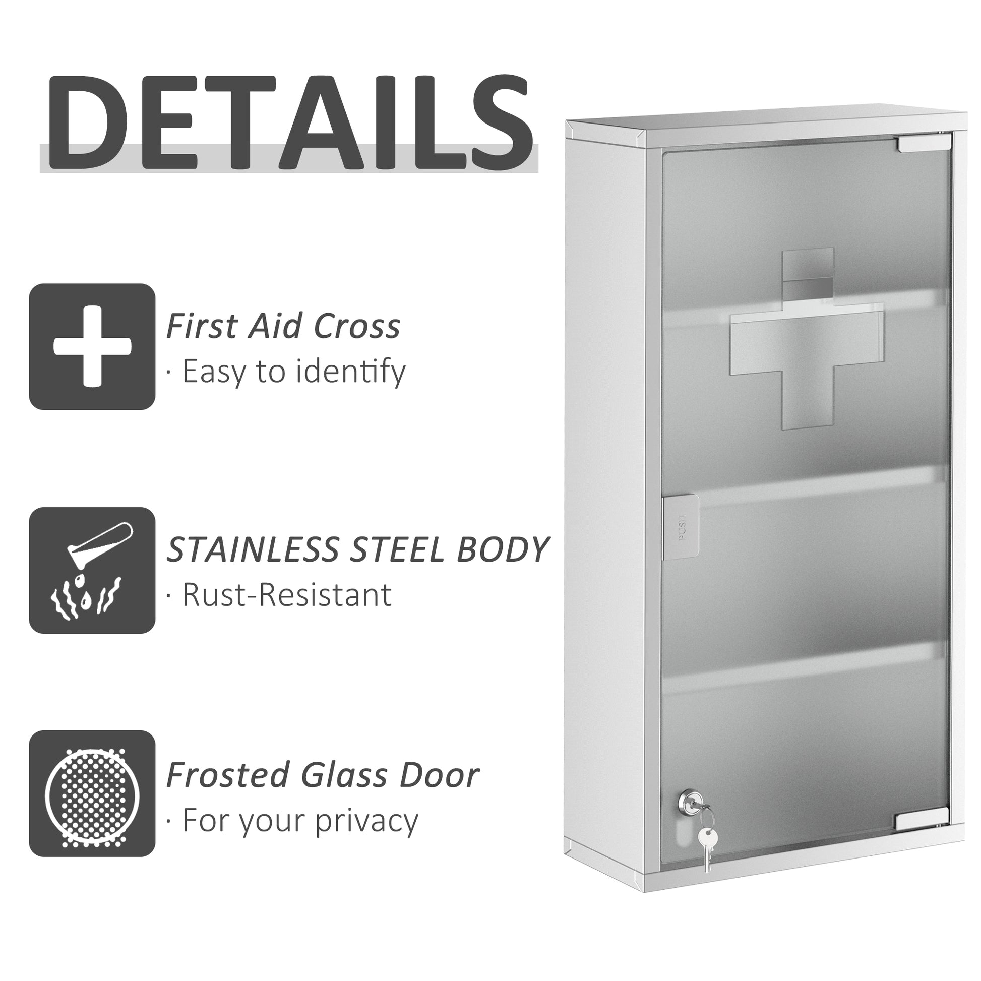 Kleankin Wall Mounted Medicine Cabinet, Locking Wall Cabinet With 4 Tier Shelves, Stainless Steel Frame And Glass Door, Lockable With 2 Keys, Silver, 12" X 24" Silver Stainless Steel