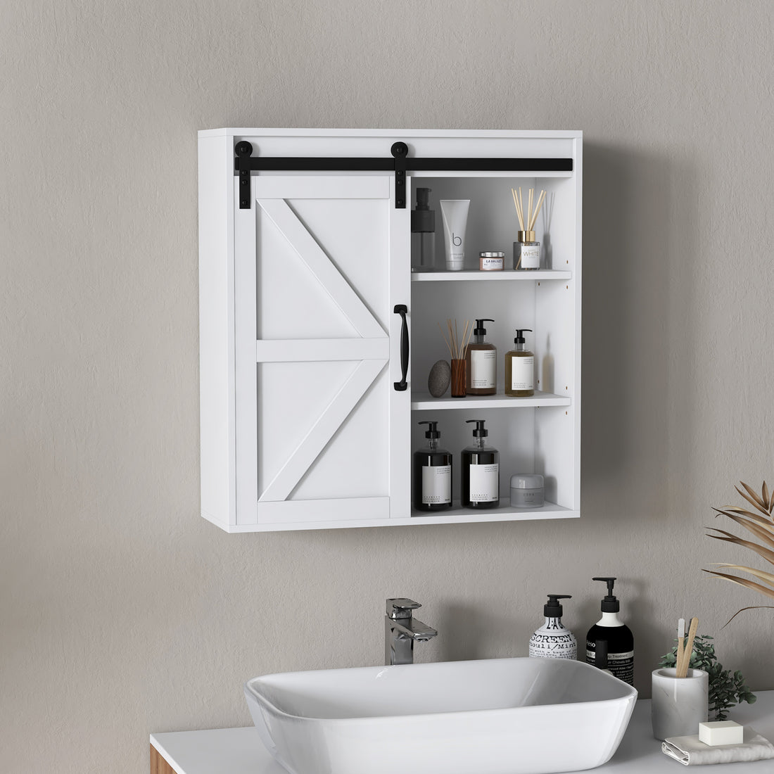 Kleankin Farmhouse Bathroom Wall Cabinet, Medicine Cabinet With Sliding Barn Door And Adjustable Shelf, Over The Toilet Cabinet, White White Mdf