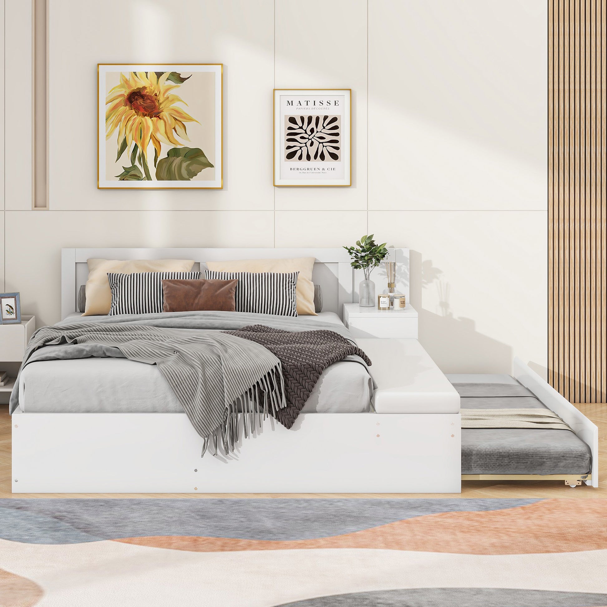 Full Size Wood Storage Hydraulic Platform Bed With Twin Size Trundle, Side Table And Lounge, White Box Spring Not Required Full White Wood Bedroom Bed Frame Solid Wood Mdf