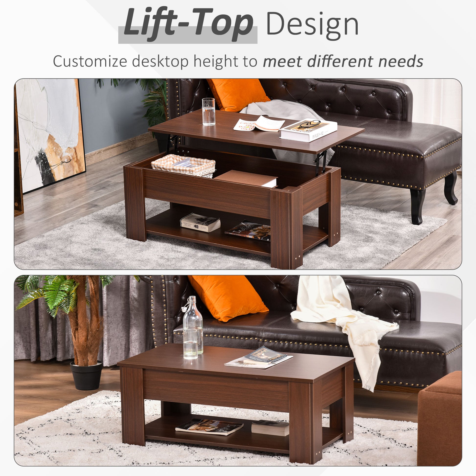 Homcom 39" Lift Top Coffee Table With Hidden Storage Compartment And Open Shelf, Pop Up Coffee Table For Living Room, Brown Brown Particle Board