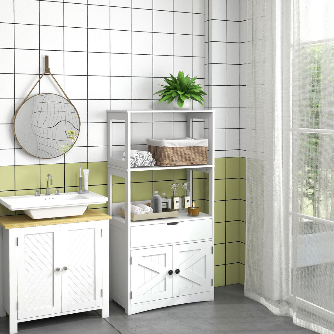 kleankin Farmhouse Bathroom Floor Cabinet, Linen