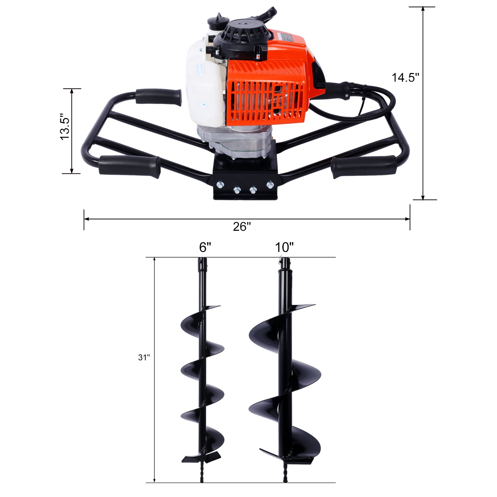 2.7Hp Post Hole Digger 63Cc Two Person Handle Gas Powered 2 Stroke Auger Digging Drill Shaft Size 3 4" Machine Only Epa Complaint With L6" L10" Drill Bits Black Steel