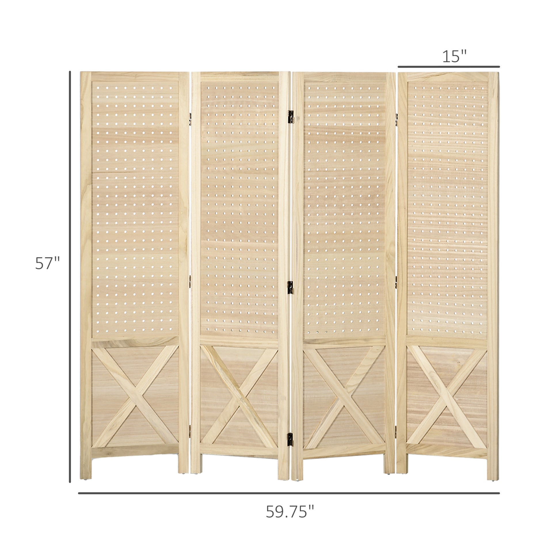 Homcom 4 Panel Pegboard Display Room Divider, 4.7' Tall Wood Indoor Portable Folding Privacy Screen, Partition Wall Divider For Home Office, Natural Natural Wood