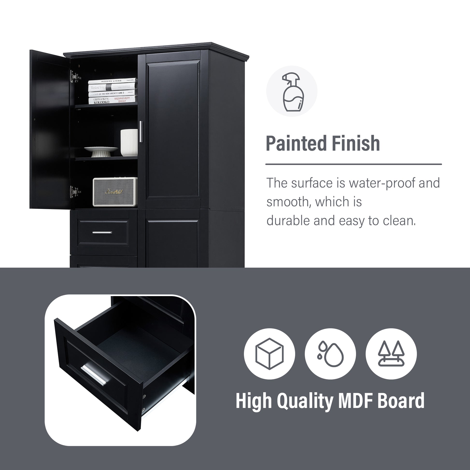 Tall and Wide Storage Cabinet with Doors for Bathroom black-mdf