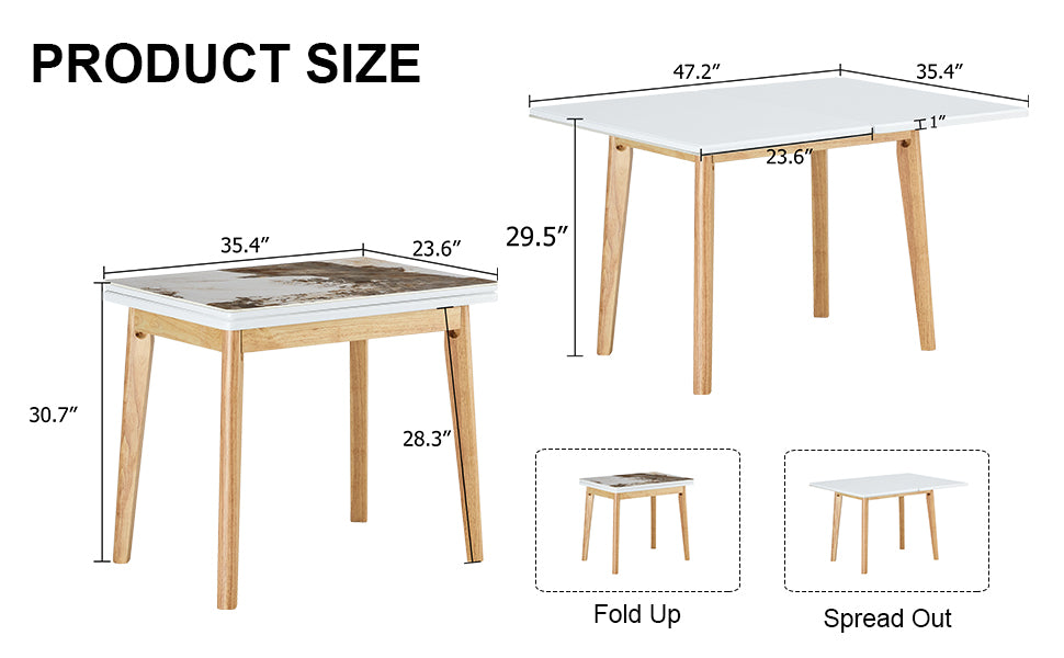 Imitation Marble White Sintered Stone Tabletop With Rubber Wooden Legs, Foldable Computer Desk, Foldable Office Desk, Suitable For Restaurants, Living Rooms, Terraces, Kitchens White Sintered Stone