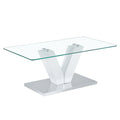 Modern Minimalist Coffee Table. Transparent Tempered Glass Tabletop With Silver Mdf Pillars. Suitable For Living Room And Dining Room Transparent Mdf Glass