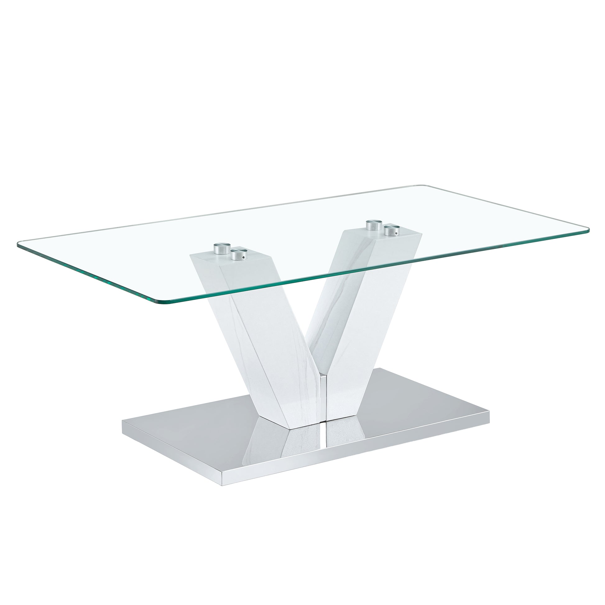 Modern Minimalist Coffee Table. Transparent Tempered Glass Tabletop With Silver Mdf Pillars. Suitable For Living Room And Dining Room Transparent Mdf Glass