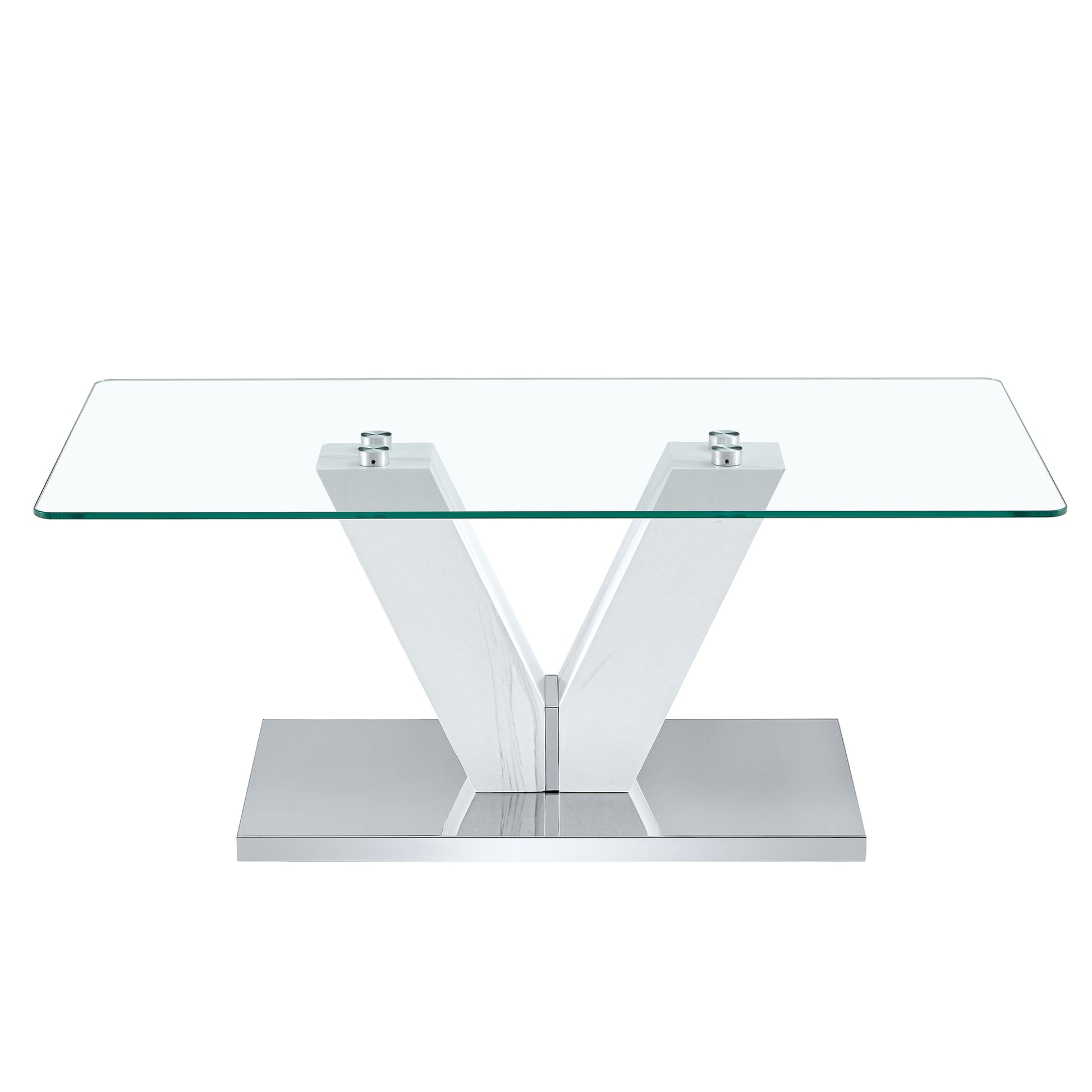 Modern Minimalist Coffee Table. Transparent Tempered Glass Tabletop With Silver Mdf Pillars. Suitable For Living Room And Dining Room Transparent Mdf Glass