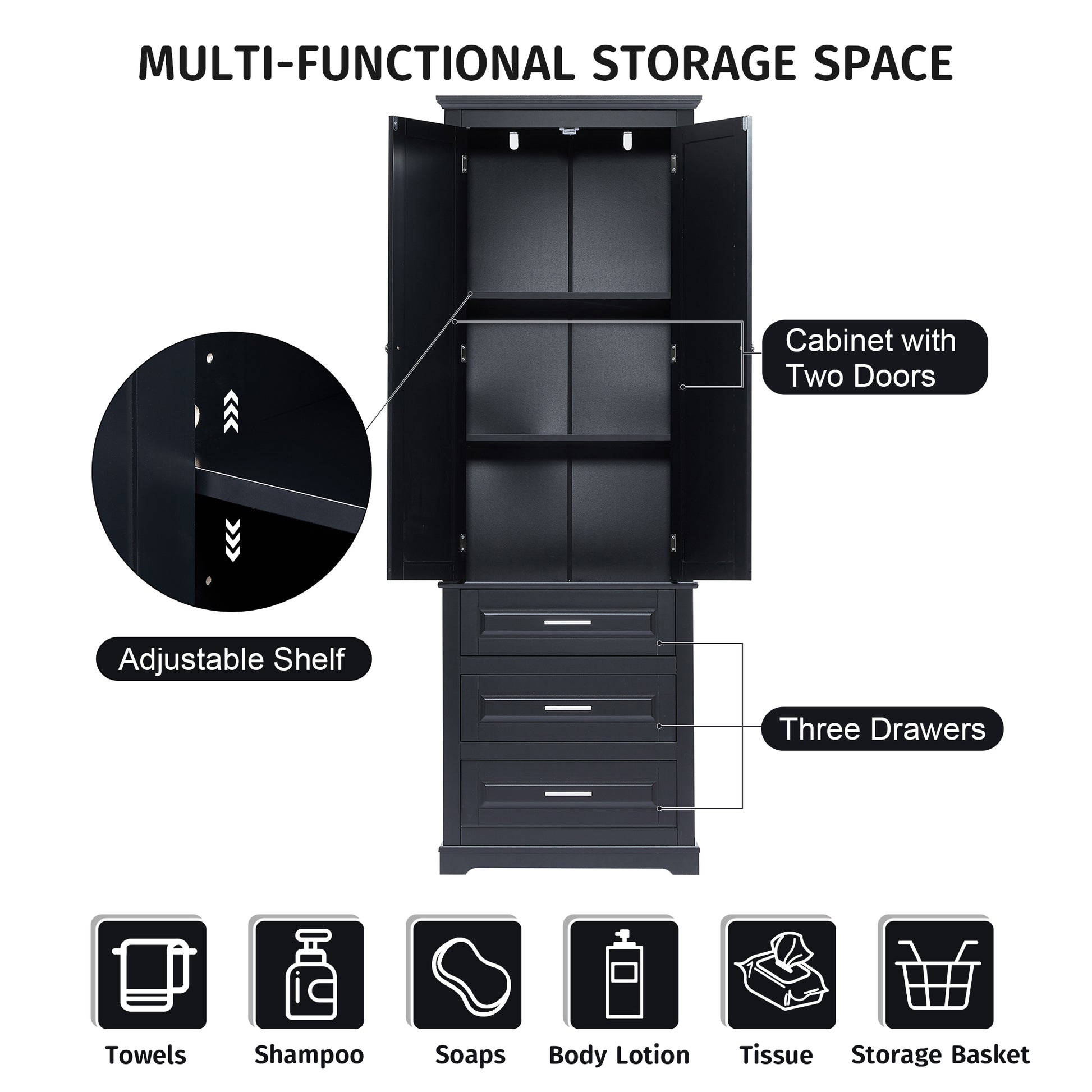 Tall Storage Cabinet With Three Drawers For Bathroom Office, Black Black Mdf