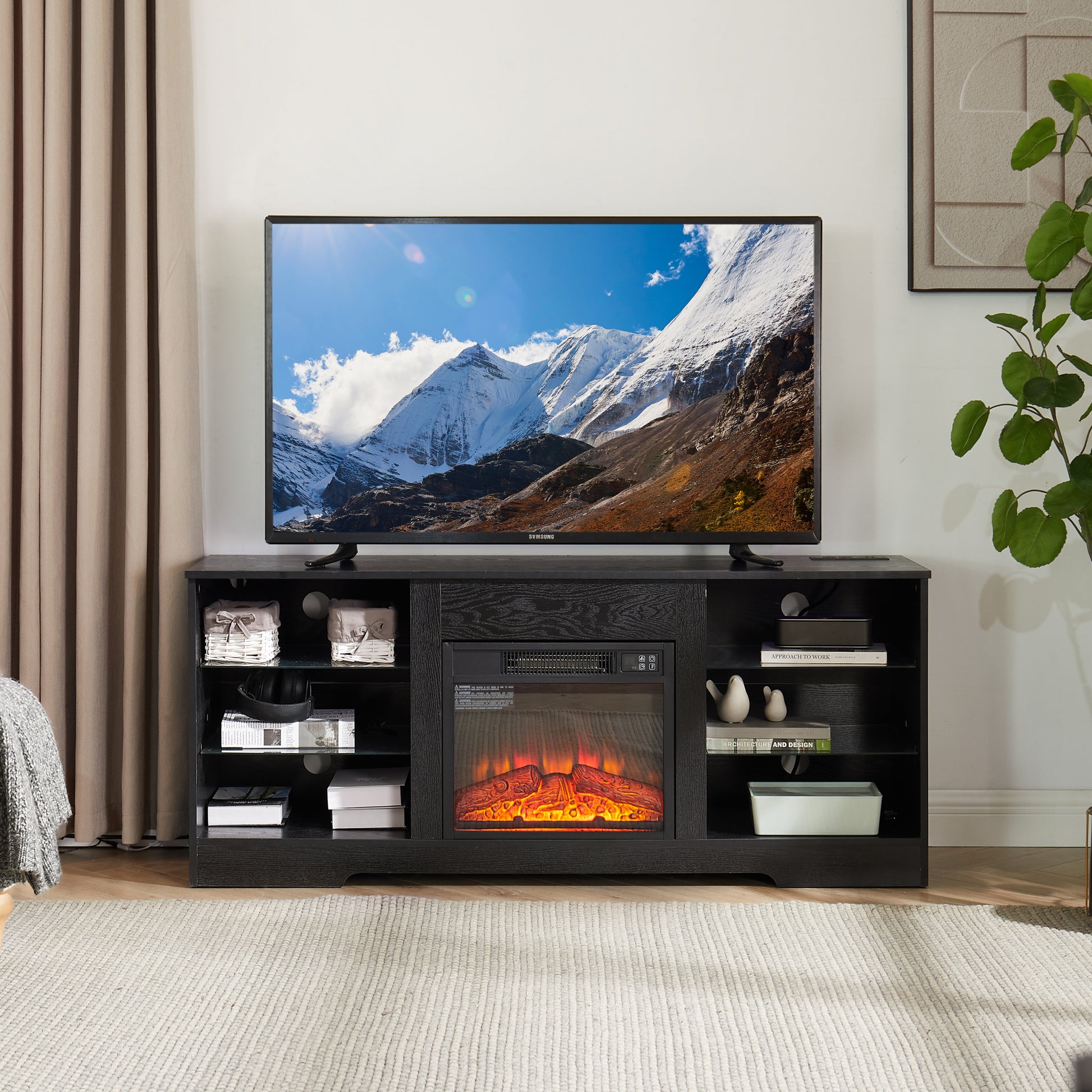 Tv Stand Electric Fireplace Tv Stand With Glass Shelves, 3D Fireplace Tv Stand With Led Lights Wood With Usb Charging Outlet Modern Television Table Center For Tv Up To 32 62" Black 58''W*15.5''D*24.4 Black 50 59 Inches Mdf