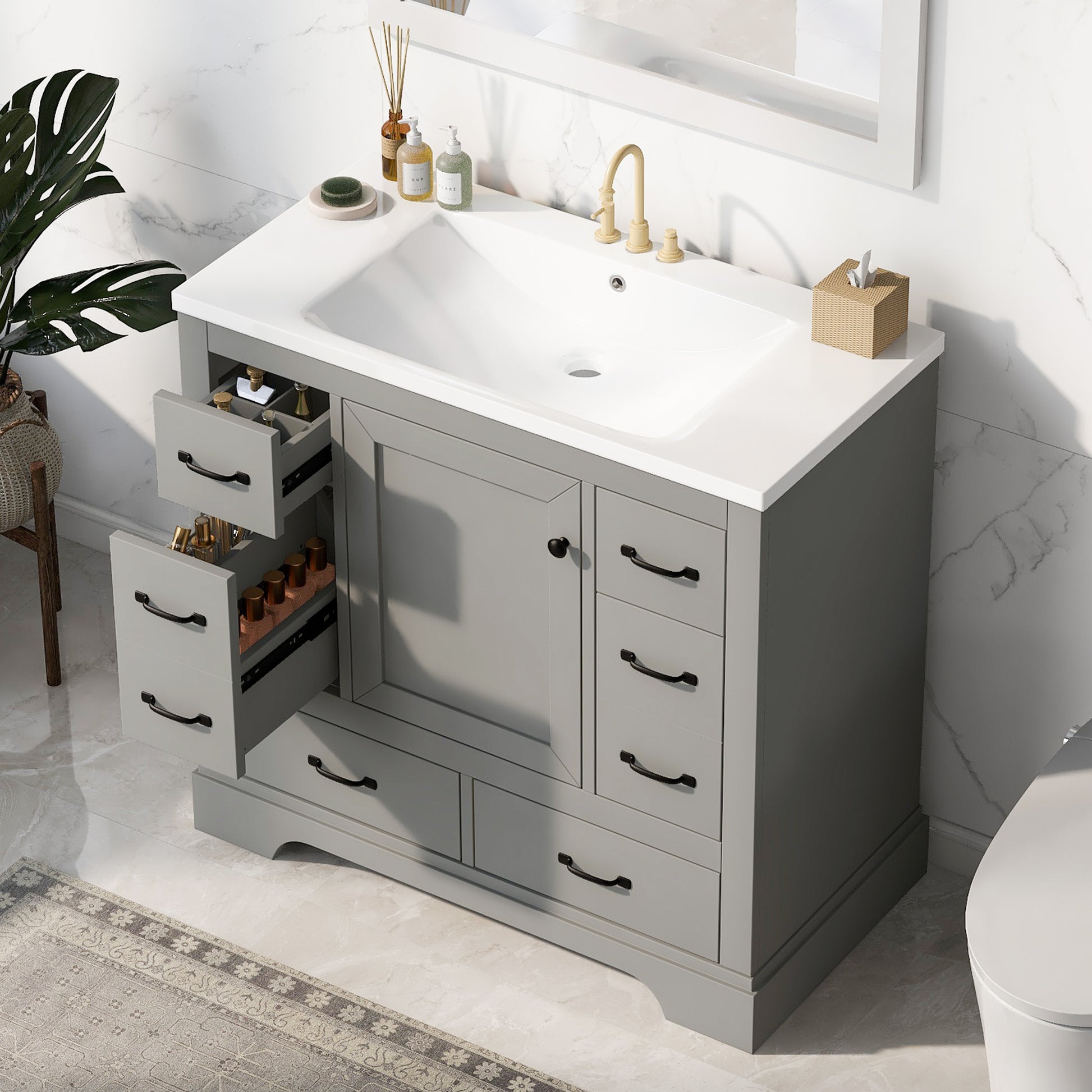 36" Bathroom Vanity With Sink Combo, Six Drawers, Multi Functional Drawer Divider, Adjustable Shelf, Grey Grey Solid Wood Mdf