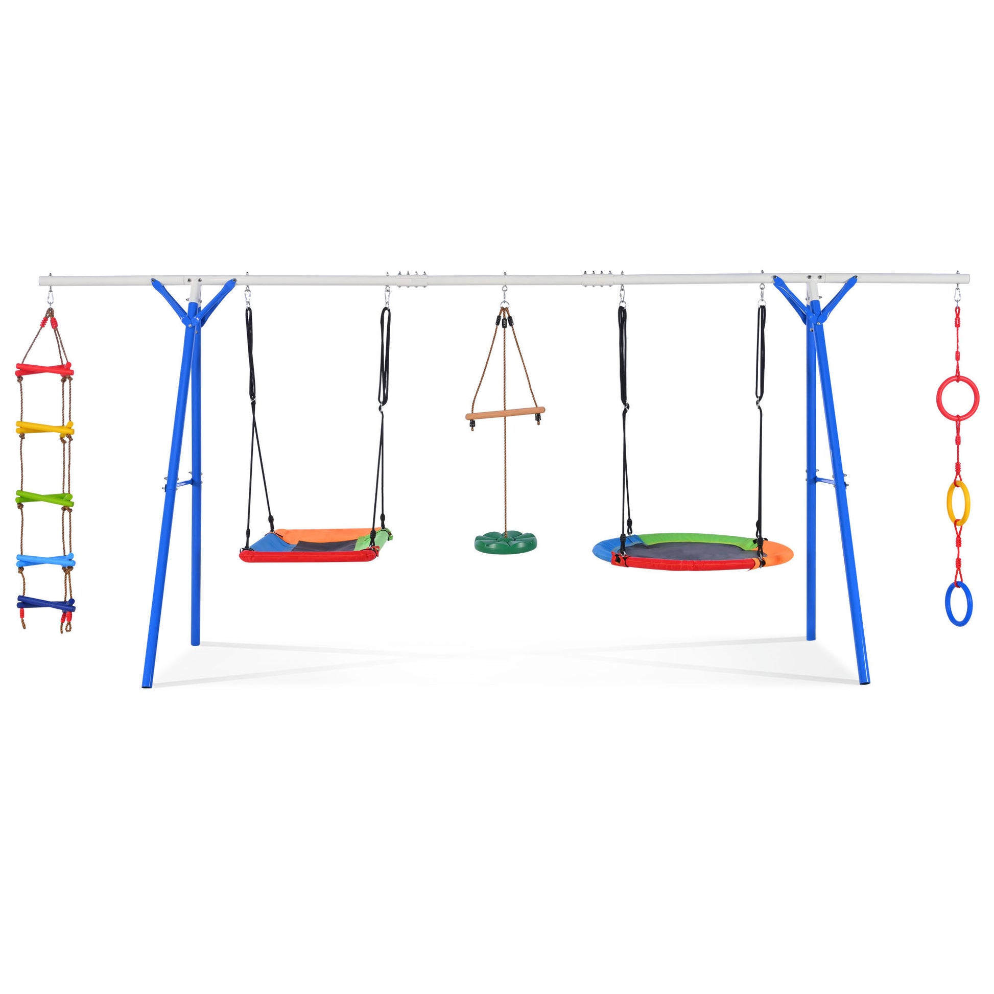 5 In 1 Outdoor Toddler Swing Set For Backyard, Playground Swing Sets With Steel Frame, Multifunction Playsets For Kids With Climbing Ladder, Saucer Swing, Monkey Bar Swing, Disc Swing And Swing Ring Blue Metal