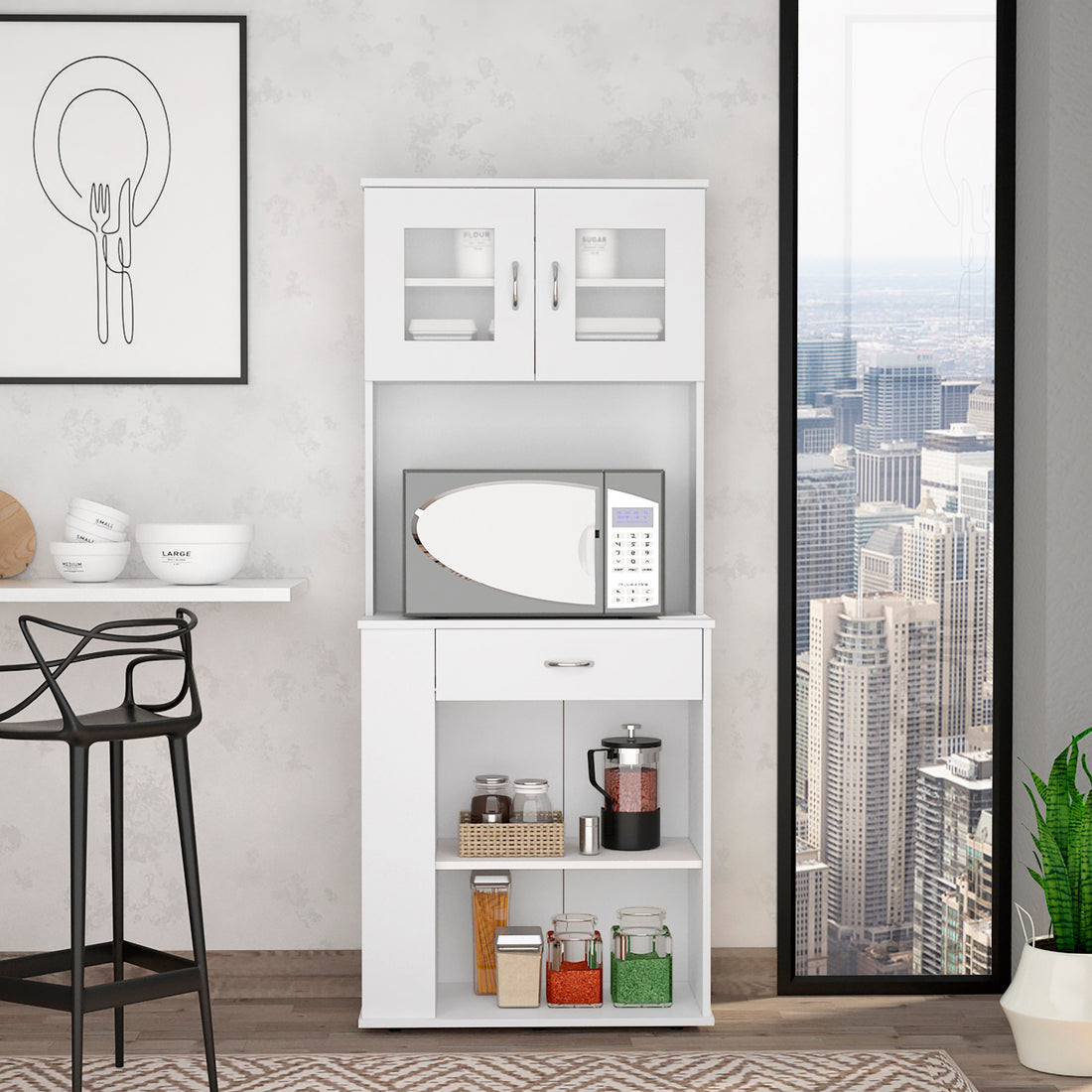 Poole Pantry Cabinet, Three Side Small Shelves, One Drawer, Double Door Cabinet, Four Adjustable Metal Legs White Mdf Engineered Wood