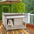 Outdoor Fir Wood Dog House With An Open Roof Ideal For Medium To Large Dogs. Dog House With Large Terrace With Clear Roof.Weatherproof Asphalt Roof And Treated Wood. Cream Solid Wood