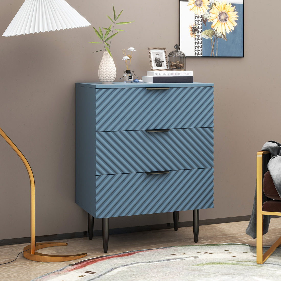 3 Drawer Cabinet, Accent Storage Cabinet, Suitable For Bedroom, Living Room, Study Blue Particle Board