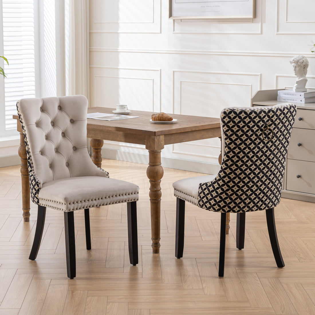 Classic Velvet Dining Chairs, High End Tufted Solid Wood Contemporary Velvet Upholstered Dining Chair With Wood Legs Nailhead, Set Of 2,Beige And Patterned,Sw2201Bg Beige Dining Room American Design Rubberwood Set Of 2 Foam Velvet