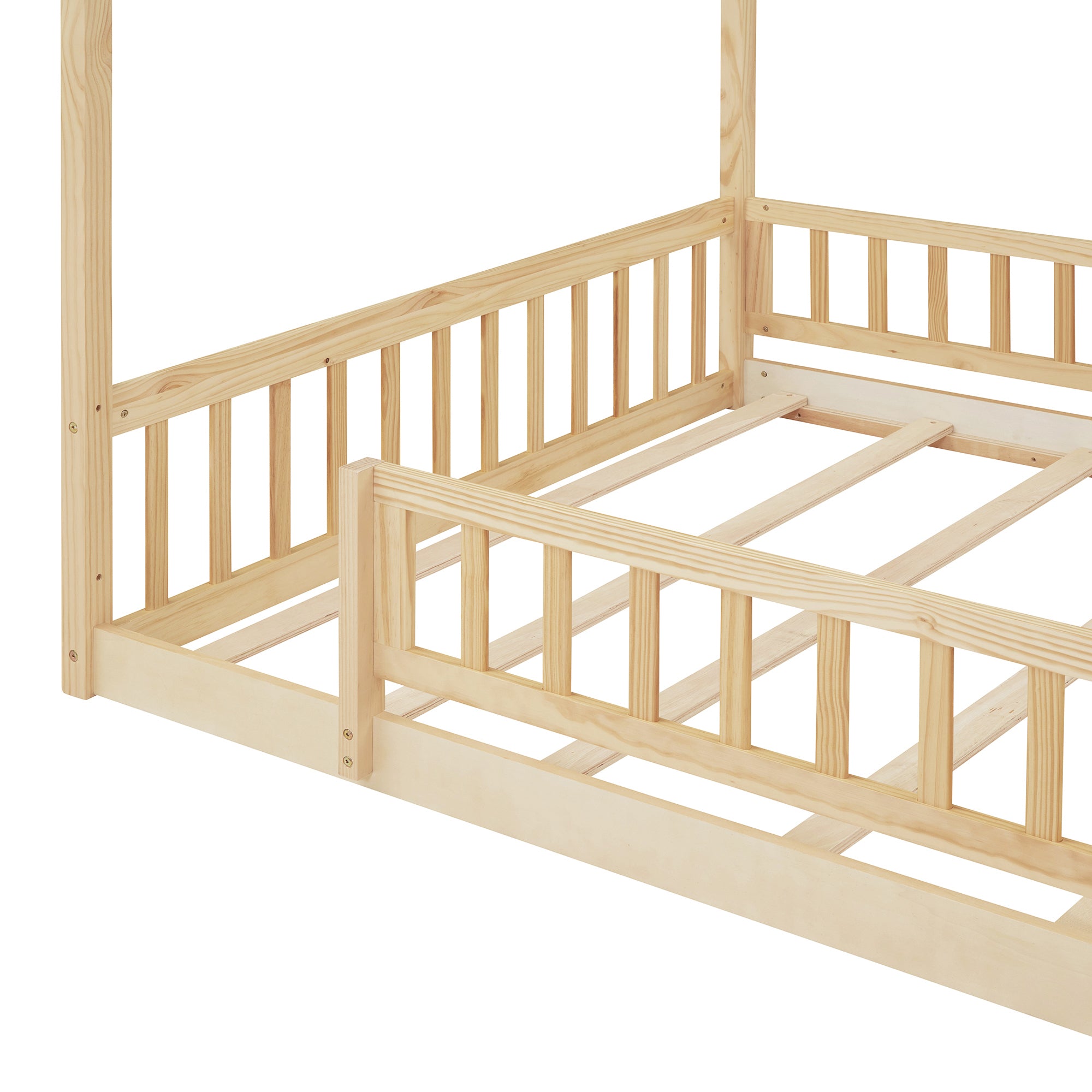Full Size Wood Bed House Bed Frame with Fence, for box spring not