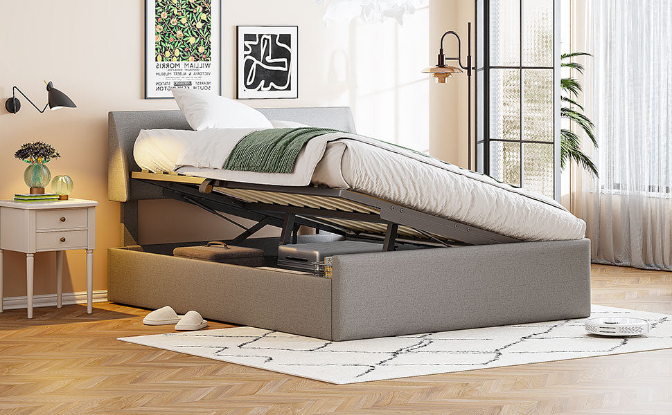 Full Size Sleigh Bed With Side Tilt Hydraulic Storage System, Linen Upholstery, Gray Gray Linen