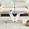 Modern Minimalist Coffee Table. Transparent Tempered Glass Tabletop With Silver Mdf Pillars. Suitable For Living Room And Dining Room Transparent Mdf Glass