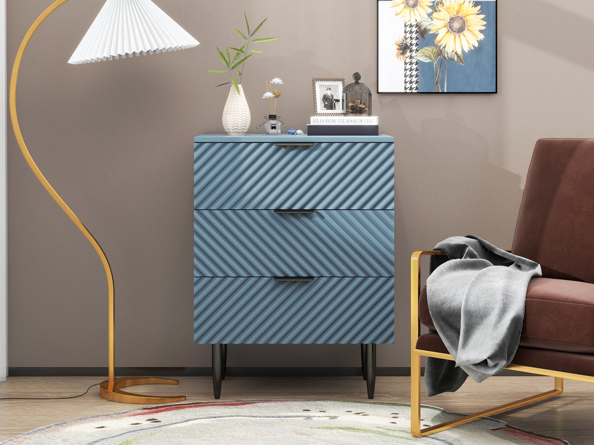 3 Drawer Cabinet, Accent Storage Cabinet, Suitable For Bedroom, Living Room, Study Blue Particle Board