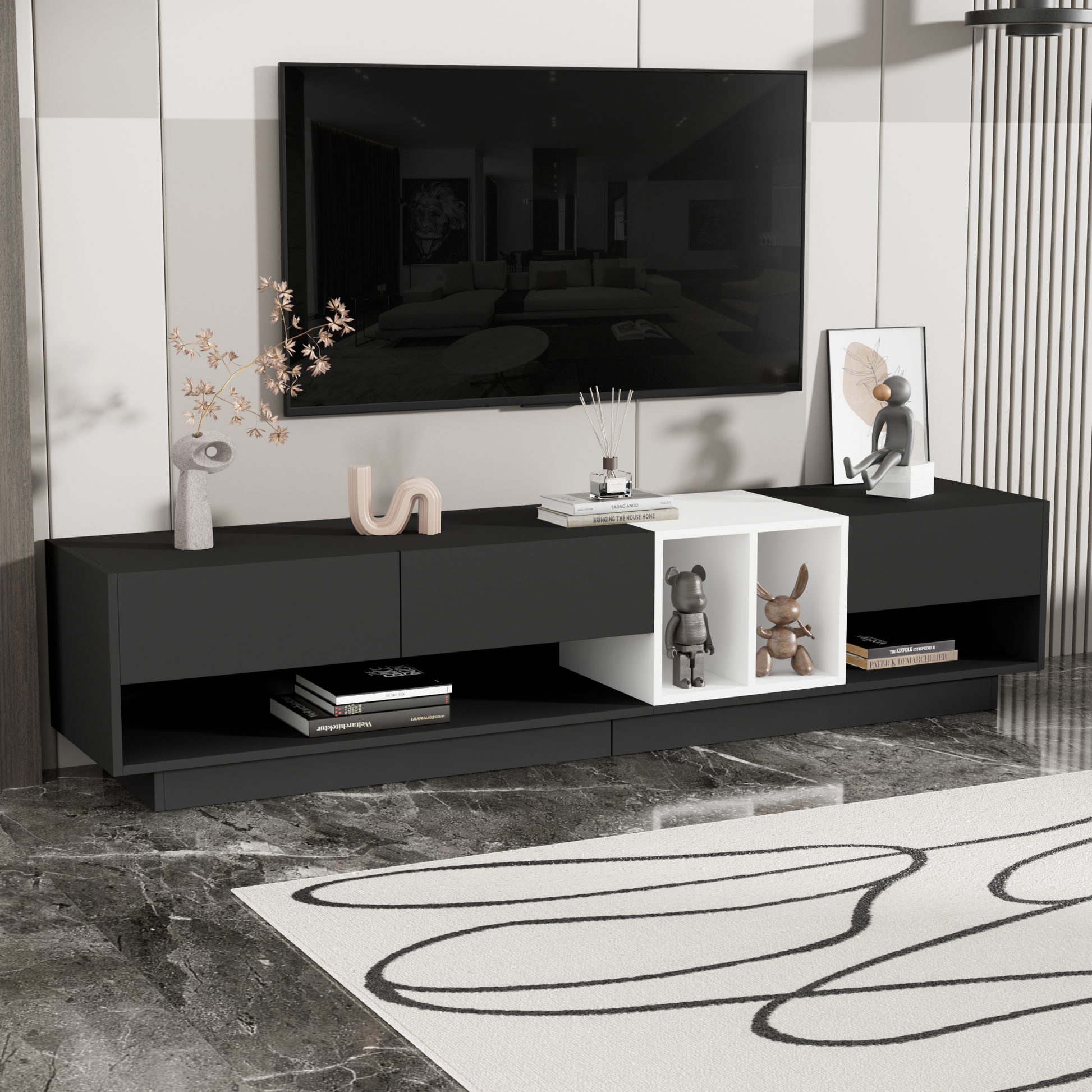 Sleek And Stylish Tv Stand With Perfect Storage Solution, Two Tone Media Console For Tvs Up To 80'', Functional Tv Cabinet With Versatile Compartment For Living Room, Black Black Primary Living Space Particle Board