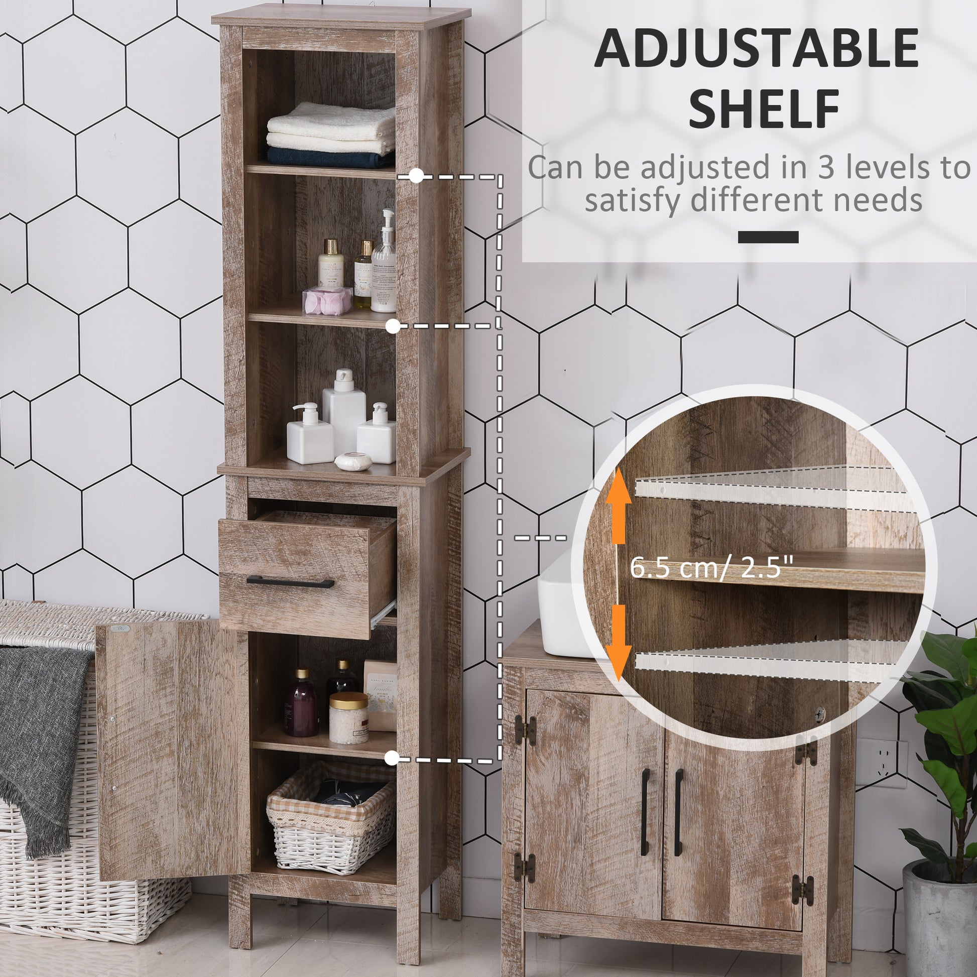 Kleankin Tall Bathroom Storage Cabinet, Freestanding Linen Tower With 3 Tier Open Adjustable Shelves, And Drawer, Narrow Slim Floor Organizer Brown Particle Board