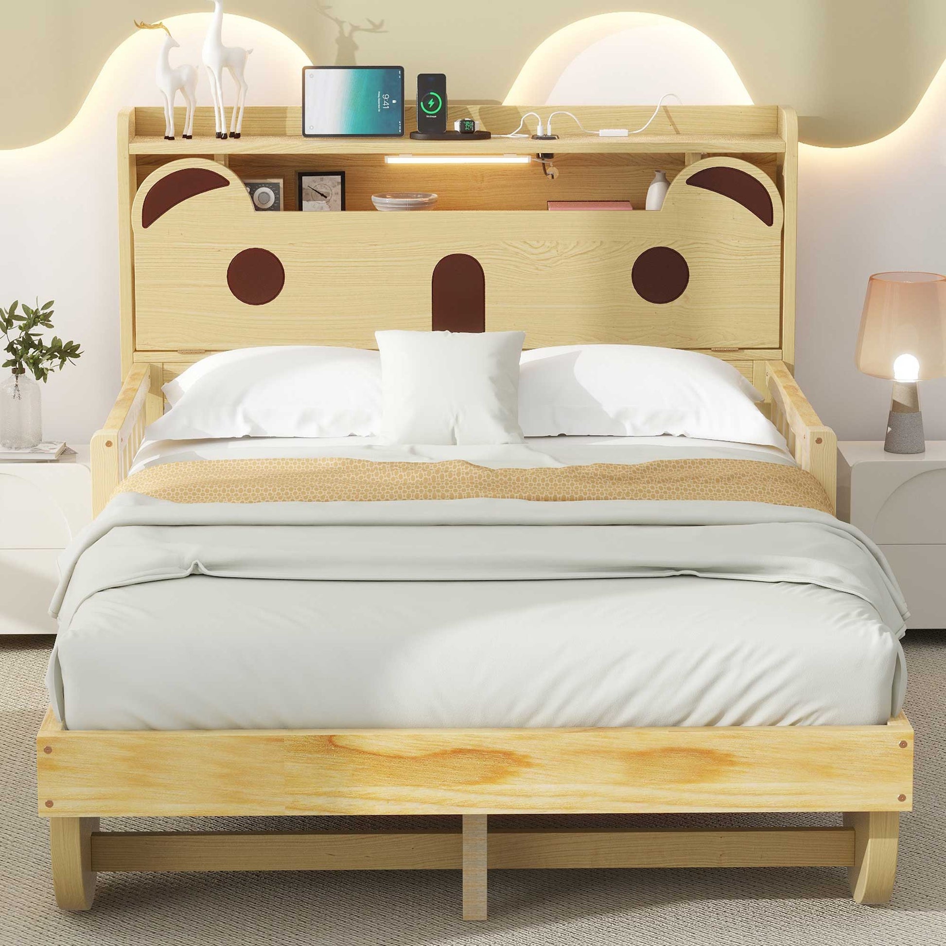 Full Size Car Bed With Bear Shaped Headboard, Usb And Led, Natural Box Spring Not Required Full Natural Bedroom Bed Frame Solid Wood Mdf