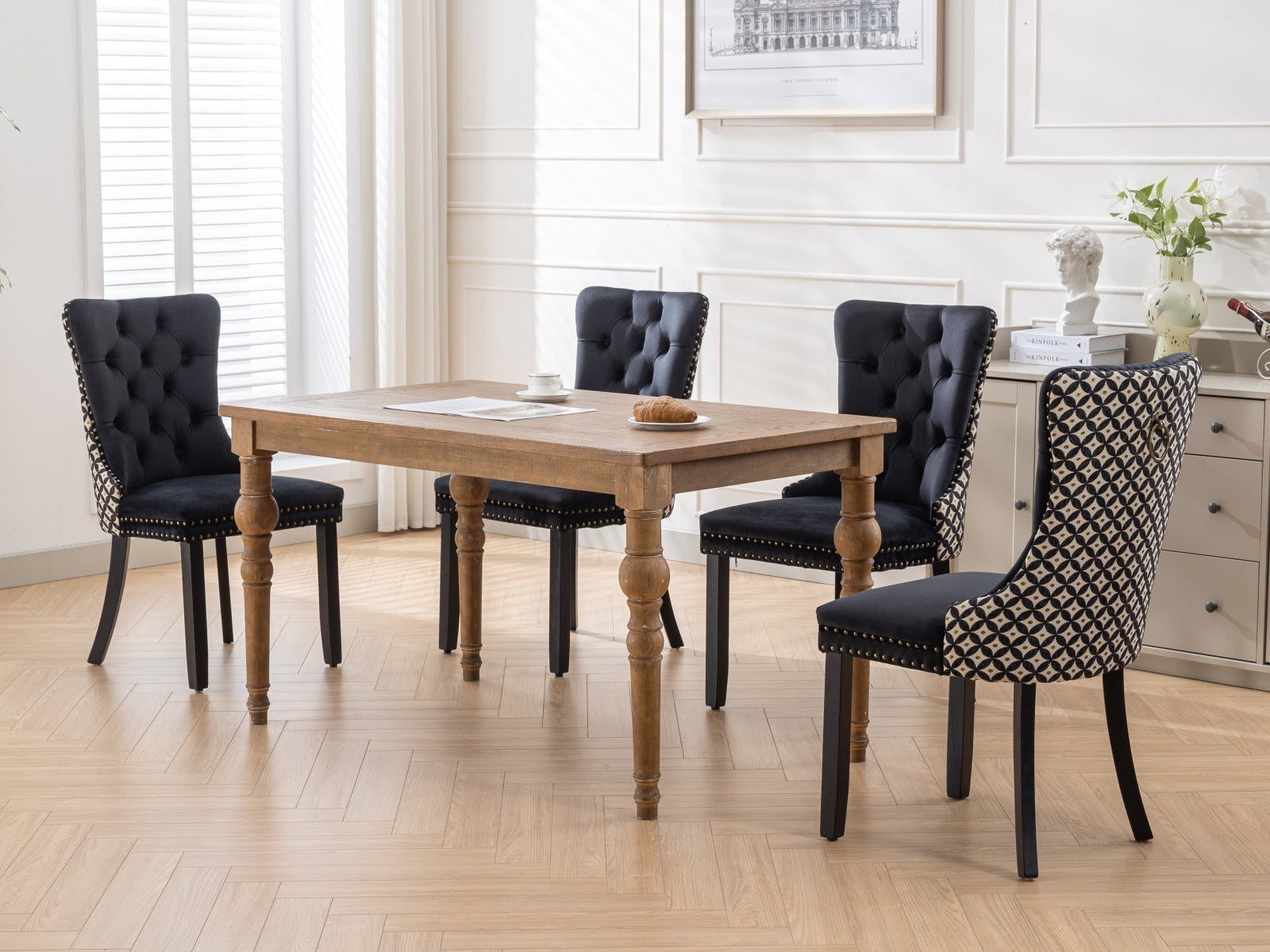 Classic Velvet Dining Chairs, High End Tufted Solid Wood Contemporary Velvet Upholstered Dining Chair With Wood Legs Nailhead, Set Of 2,Black And Patterned,Sw2201Bk Black Dining Room American Design Foam Velvet