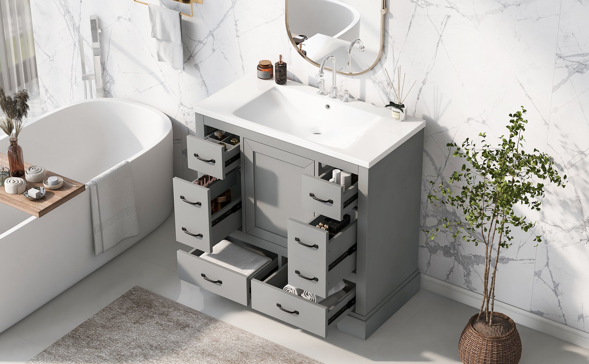 36" Bathroom Vanity With Sink Combo, Six Drawers, Multi Functional Drawer Divider, Adjustable Shelf, Grey Old Sku:Sy999808Aae Grey Solid Wood Mdf