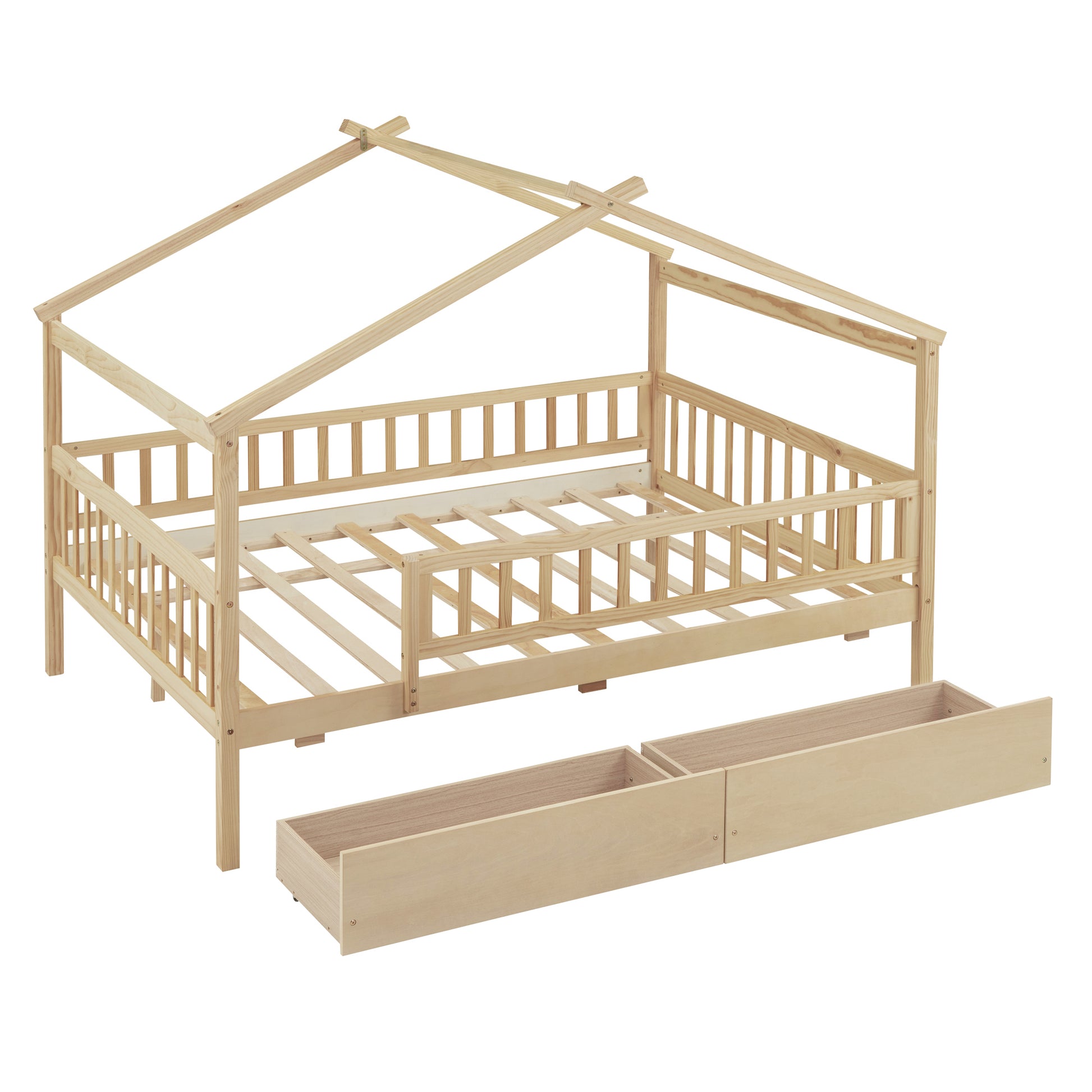 Full Size Wooden House Bed With Two Drawers, Natural Box Spring Not Required Full Natural Wood Bedroom Pine Bed Frame Wood