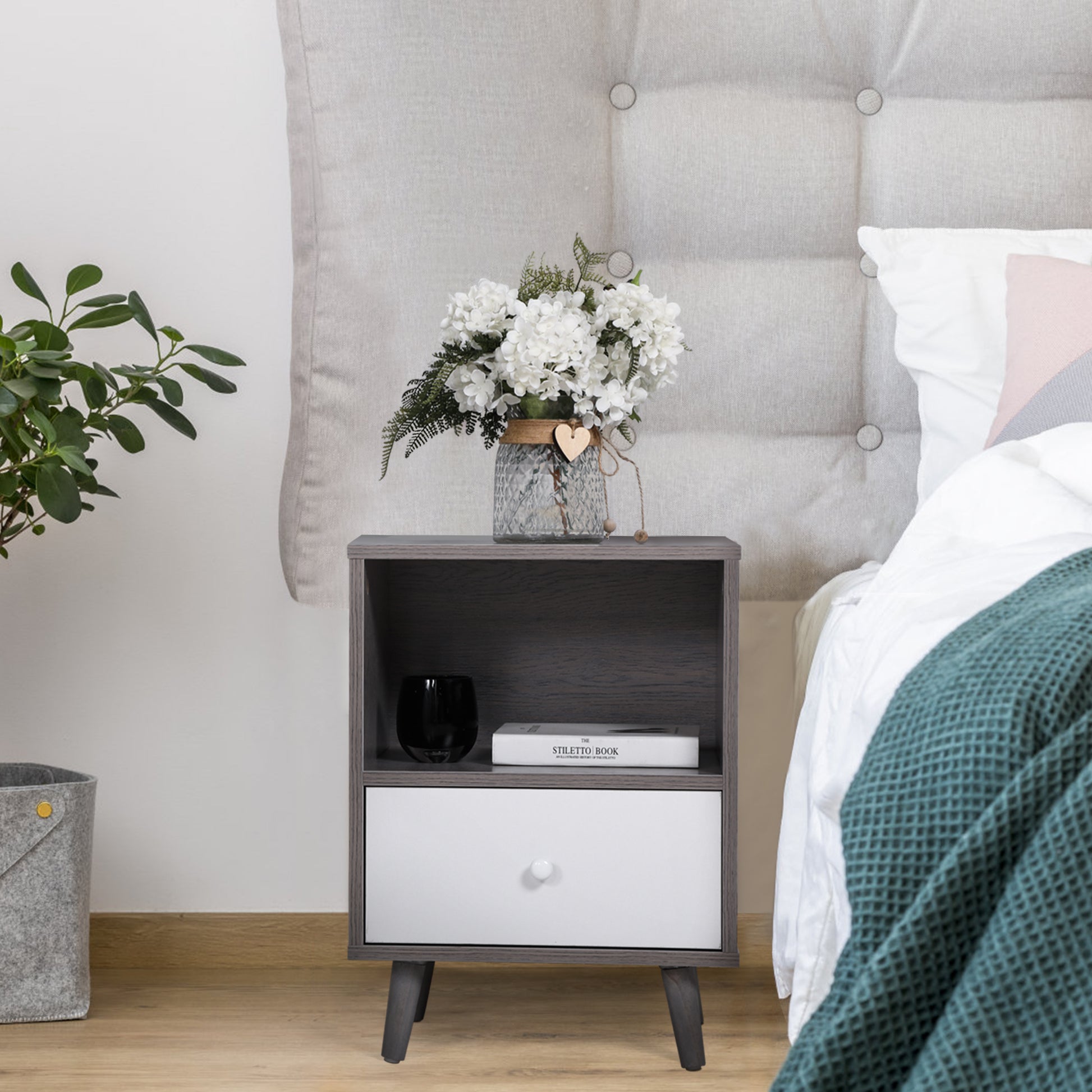 Set Of 2 Low Foot Bedside Table With Drawer Storage Compartment Gray Gray Solid Wood Mdf