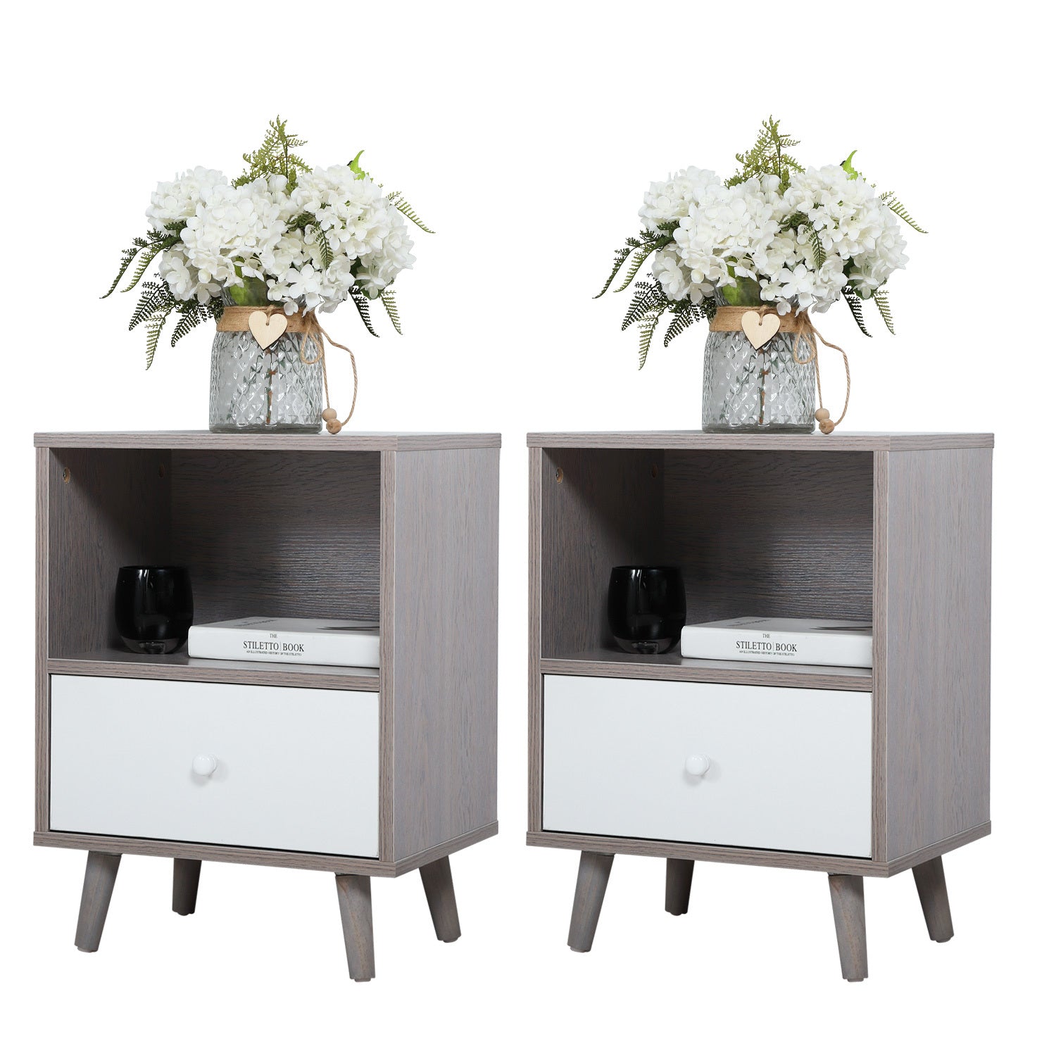 Set Of 2 Low Foot Bedside Table With Drawer Storage Compartment Gray Gray Solid Wood Mdf