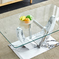 Modern Minimalist Transparent Tempered Glass Coffee Table With Marble Patterned Mdf Legs And Stainless Steel Decorative Columns. Computer Desk. Game Table. Ct 907 Transparent Mdf Glass