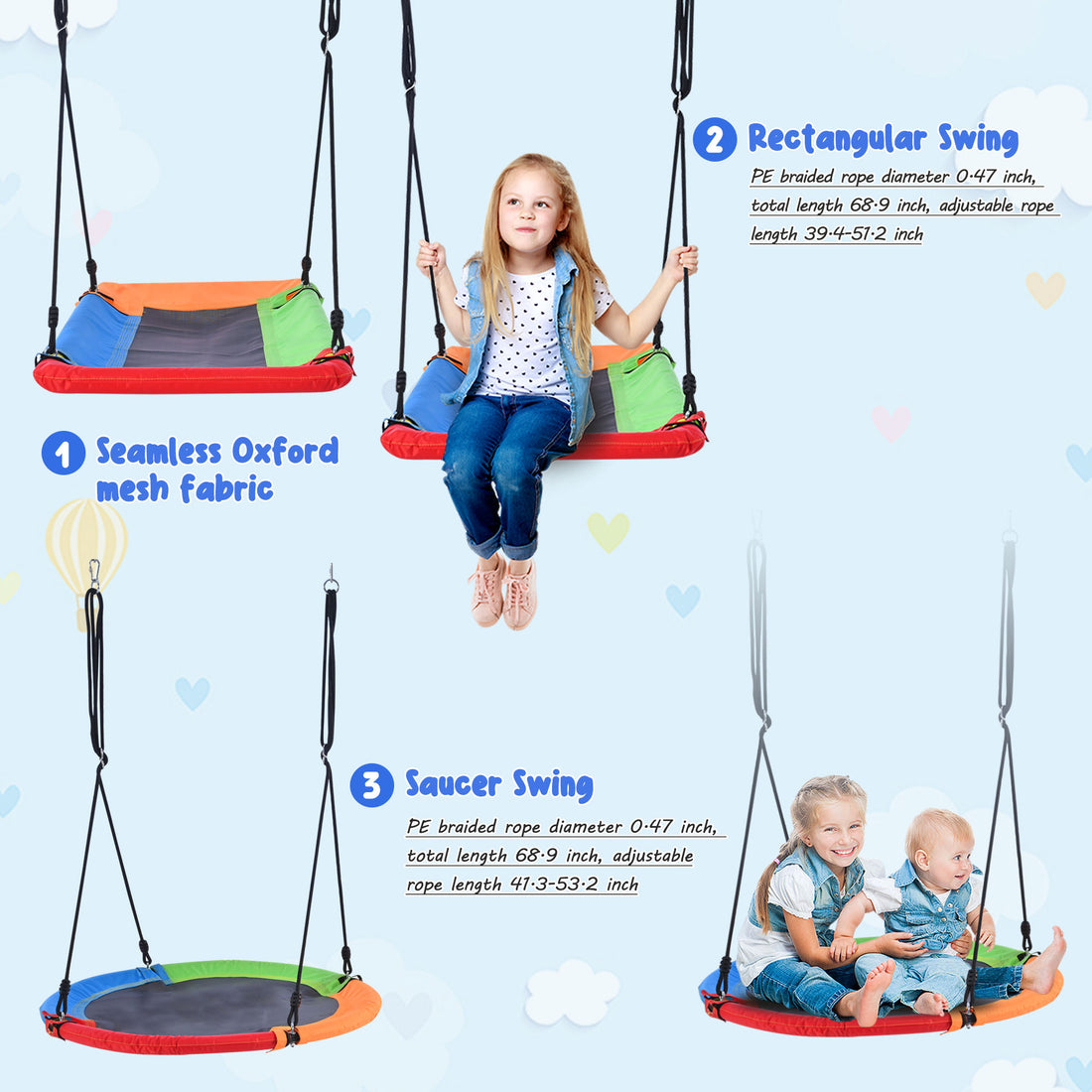 5 In 1 Outdoor Toddler Swing Set For Backyard, Playground Swing Sets With Steel Frame, Multifunction Playsets For Kids With Climbing Ladder, Saucer Swing, Monkey Bar Swing, Disc Swing And Swing Ring Blue Metal