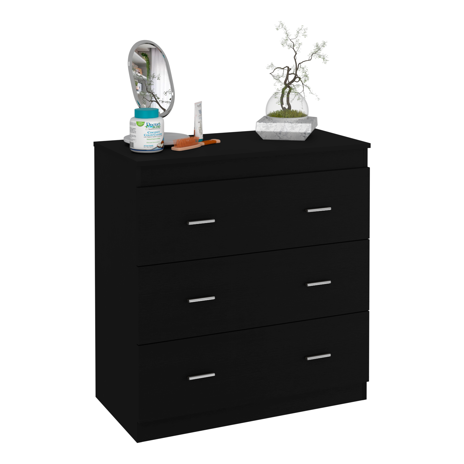 Dresser 33"H, Three Drawer, Superior Top, Metal Handles, White Black Pine Particle Board Engineered Wood