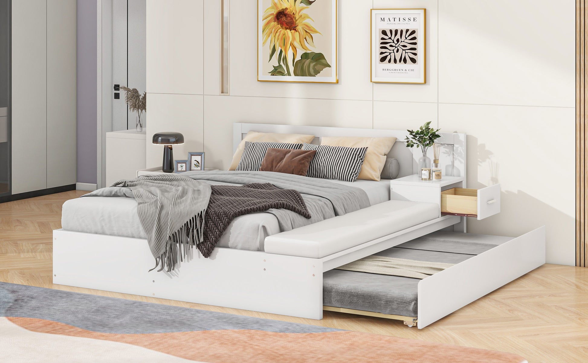 Full Size Wood Storage Hydraulic Platform Bed With Twin Size Trundle, Side Table And Lounge, White Box Spring Not Required Full White Wood Bedroom Bed Frame Solid Wood Mdf