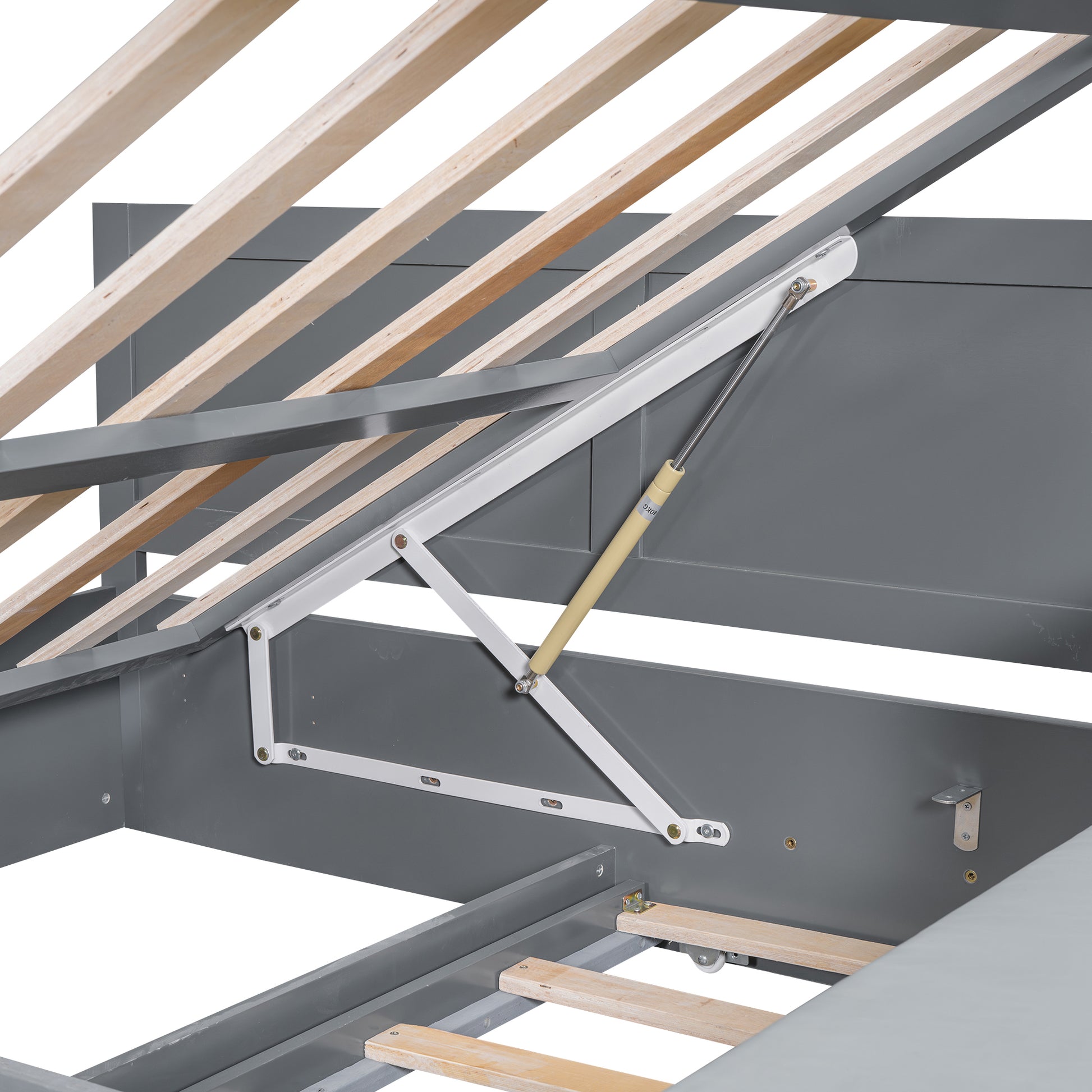 Full Size Wood Storage Hydraulic Platform Bed With Twin Size Trundle, Side Table And Lounge, Gray Box Spring Not Required Full Gray Wood Bedroom Bed Frame Solid Wood Mdf