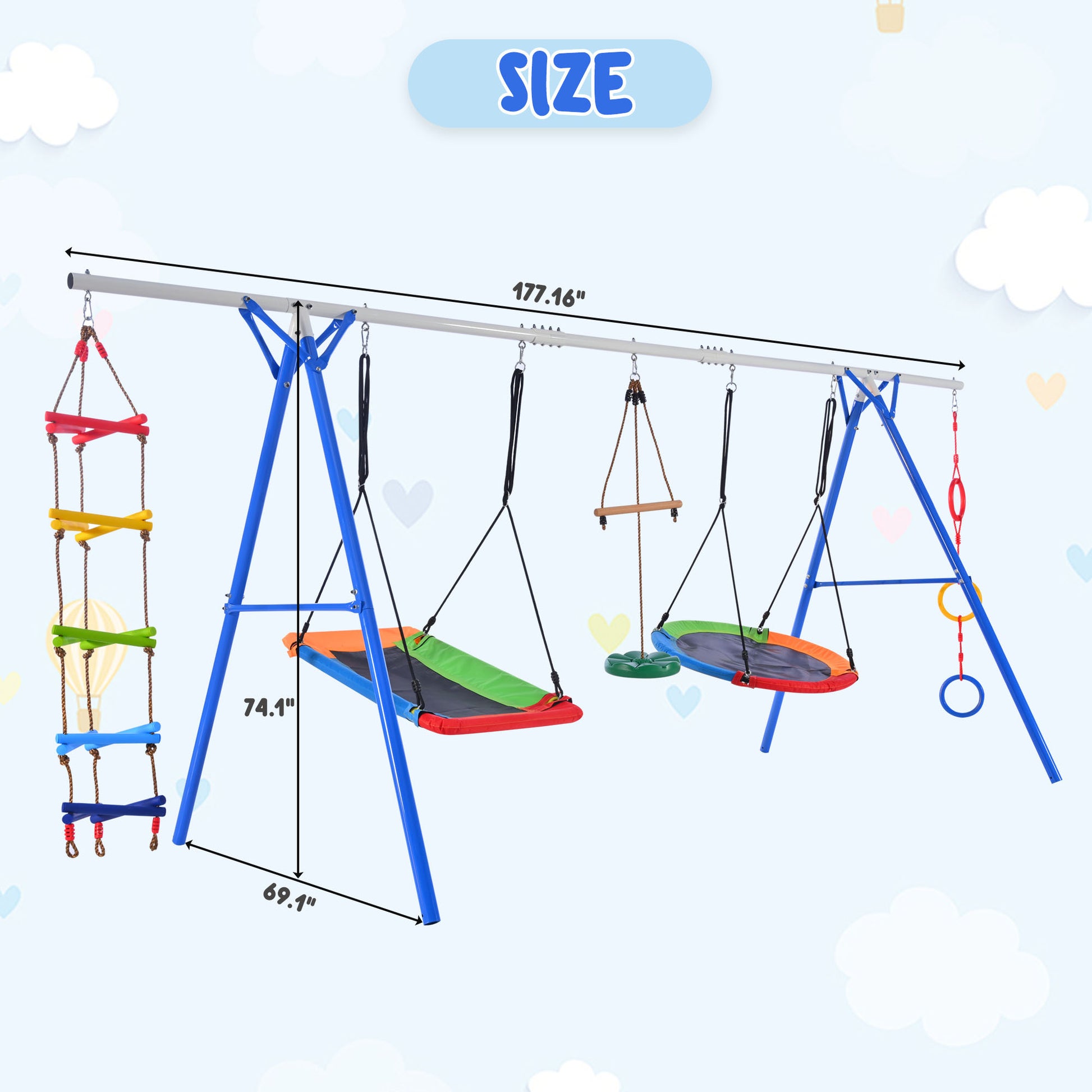 5 In 1 Outdoor Toddler Swing Set For Backyard, Playground Swing Sets With Steel Frame, Multifunction Playsets For Kids With Climbing Ladder, Saucer Swing, Monkey Bar Swing, Disc Swing And Swing Ring Blue Metal