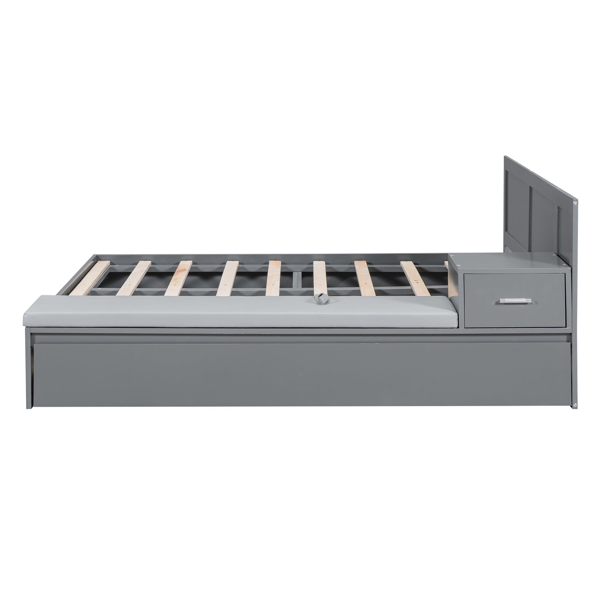 Full Size Wood Storage Hydraulic Platform Bed With Twin Size Trundle, Side Table And Lounge, Gray Box Spring Not Required Full Gray Wood Bedroom Bed Frame Solid Wood Mdf