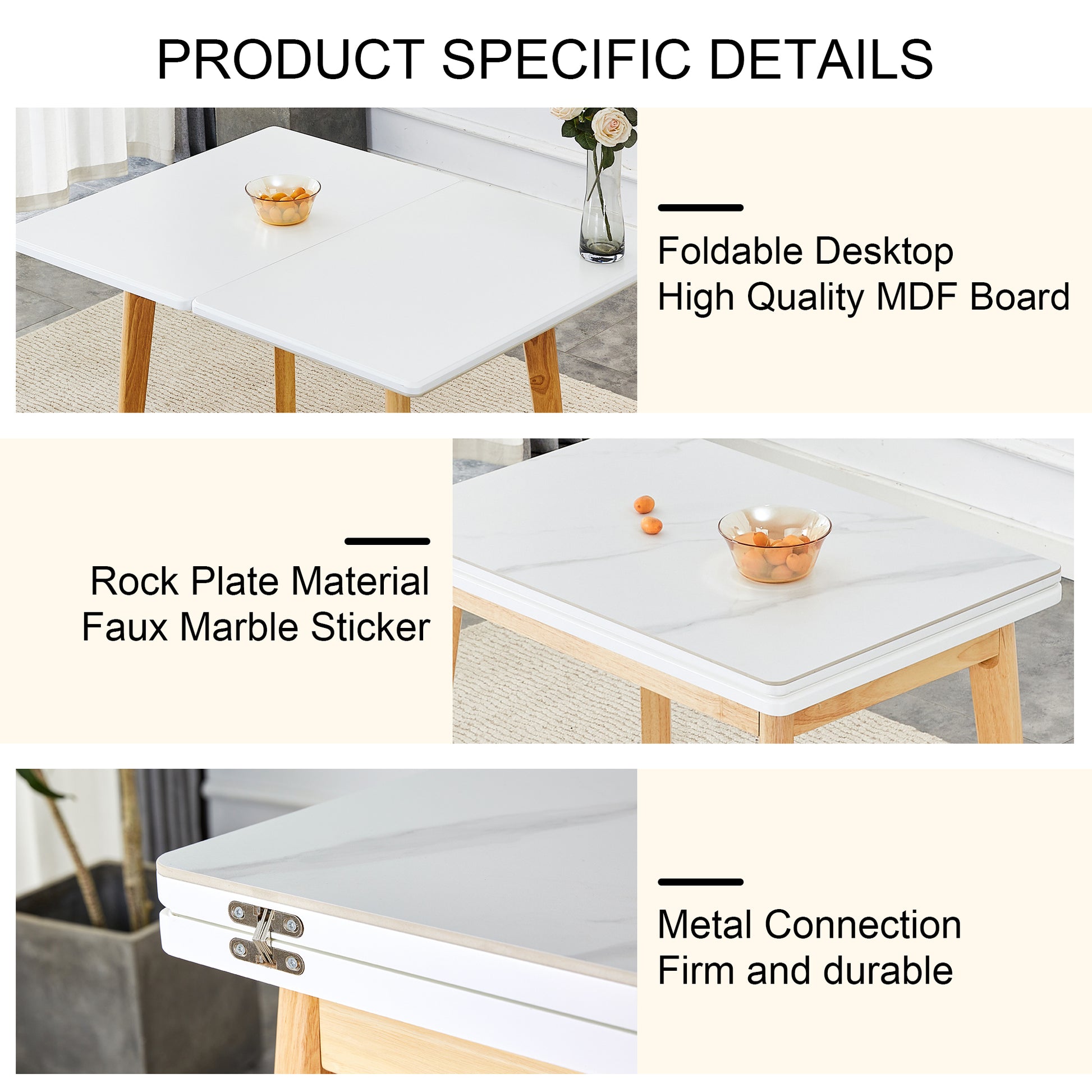 White Sintered Stone Tabletop With Rubber Wooden Legs, Foldable Computer Desk, Foldable Office Desk, Suitable For Restaurants, Living Rooms, Terraces, Kitchens White Sintered Stone