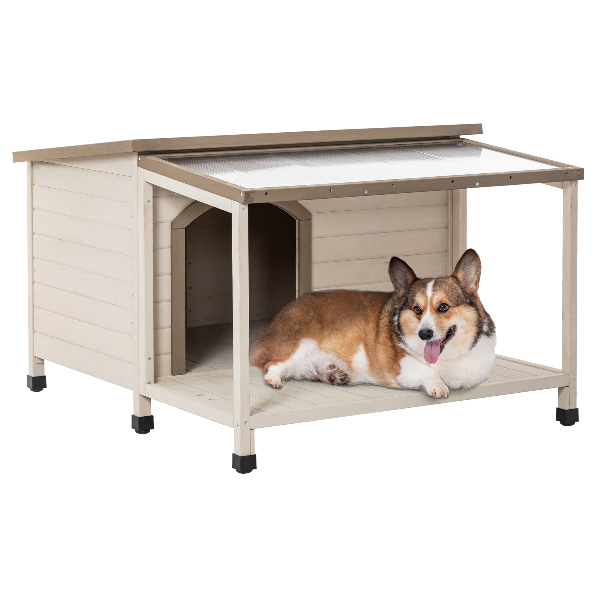 Outdoor Fir Wood Dog House With An Open Roof Ideal For Small To Medium Dogs. Dog House With Large Terrace With Clear Roof.Weatherproof Asphalt Roof And Treated Wood. Cream Solid Wood