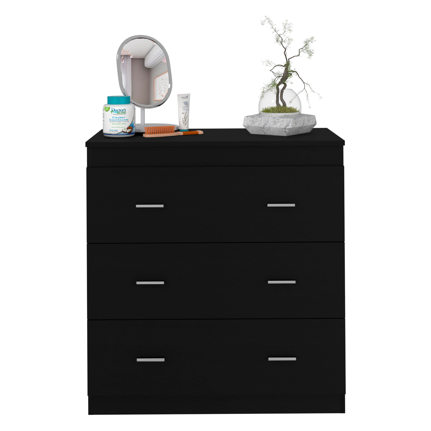 Dresser 33"H, Three Drawer, Superior Top, Metal Handles, Black Black Pine Particle Board Engineered Wood