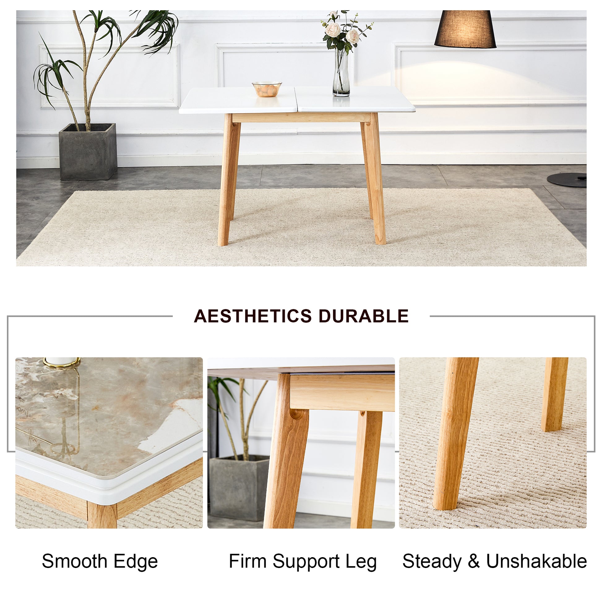 Imitation Marble White Sintered Stone Tabletop With Rubber Wooden Legs, Foldable Computer Desk, Foldable Office Desk, Suitable For Restaurants, Living Rooms, Terraces, Kitchens White Sintered Stone