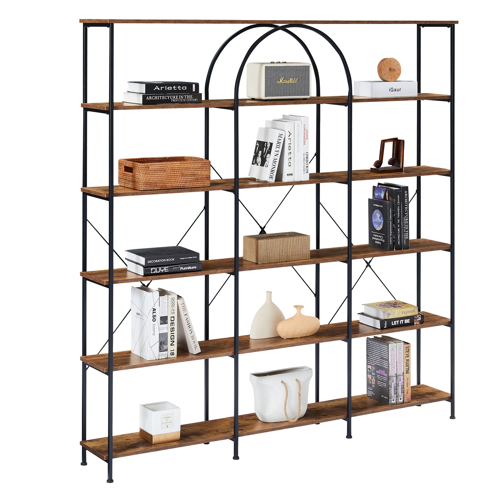 6 Tier Bookcase Home Office Open Bookshelf, Vintage Industrial Style Shelf With Metal Frame, Mdf Board, Brown Brown Mdf Steel