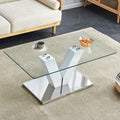 Modern Minimalist Coffee Table. Transparent Tempered Glass Tabletop With Silver Mdf Pillars. Suitable For Living Room And Dining Room Transparent Mdf Glass