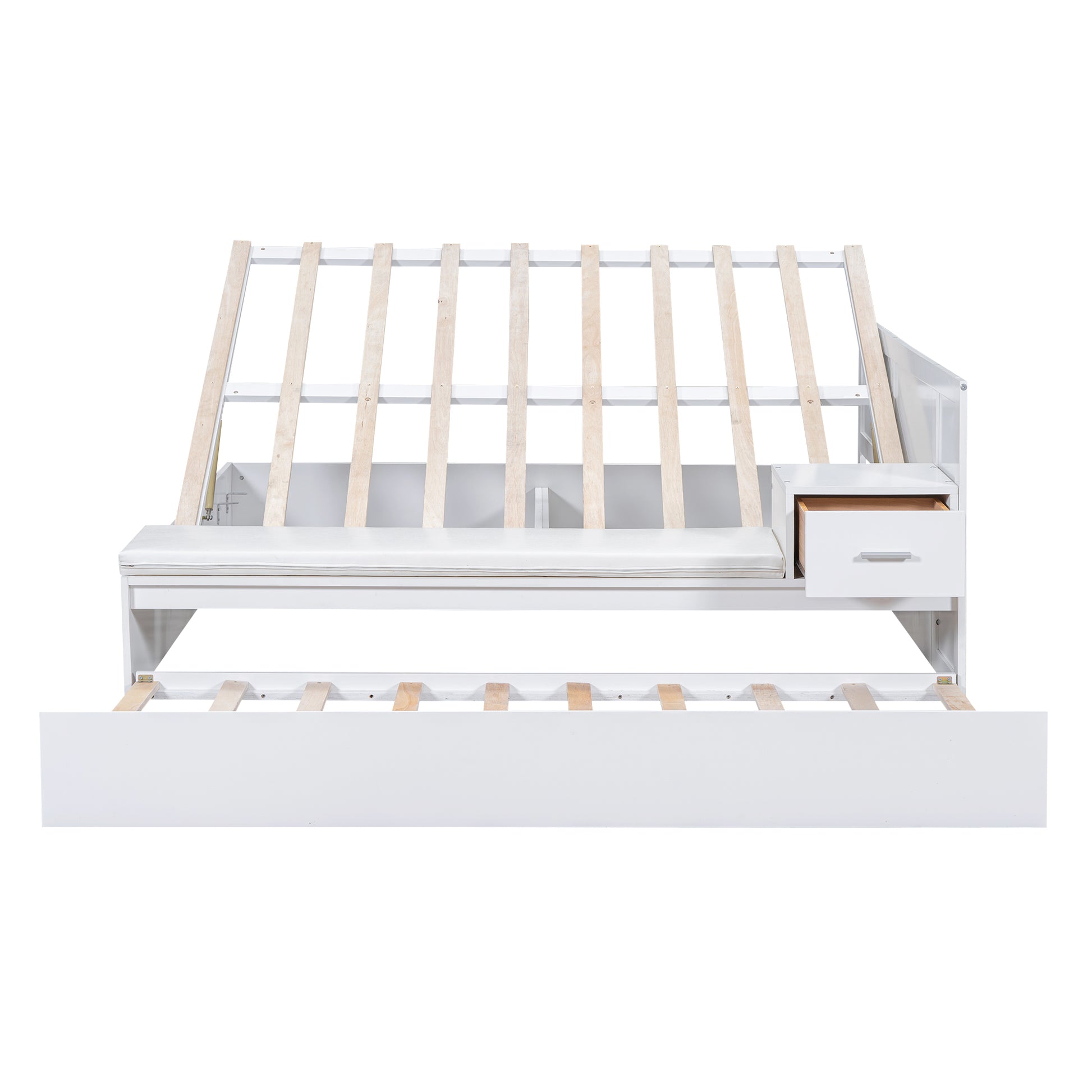Full Size Wood Storage Hydraulic Platform Bed With Twin Size Trundle, Side Table And Lounge, White Box Spring Not Required Full White Wood Bedroom Bed Frame Solid Wood Mdf