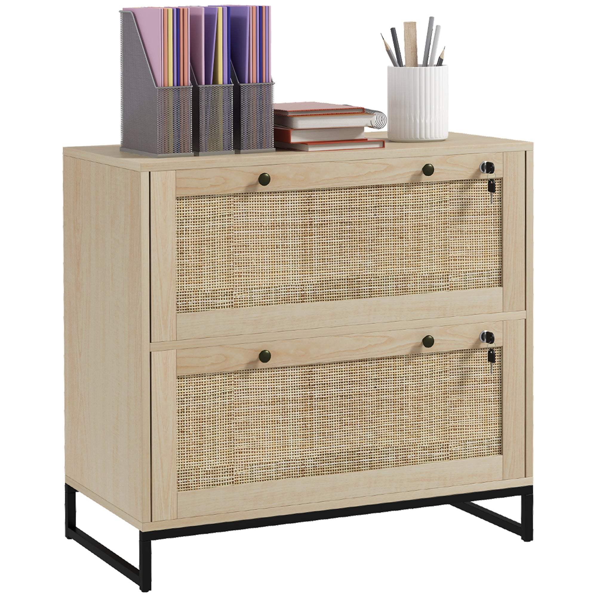 Vinsetto 2 Drawer File Cabinet With Lock, Vertical Filing Cabinet With Keys, Rattan Drawers And Adjustable Hanging Bar For Letter, A4 And Legal Size Paper, Natural Natural Particle Board