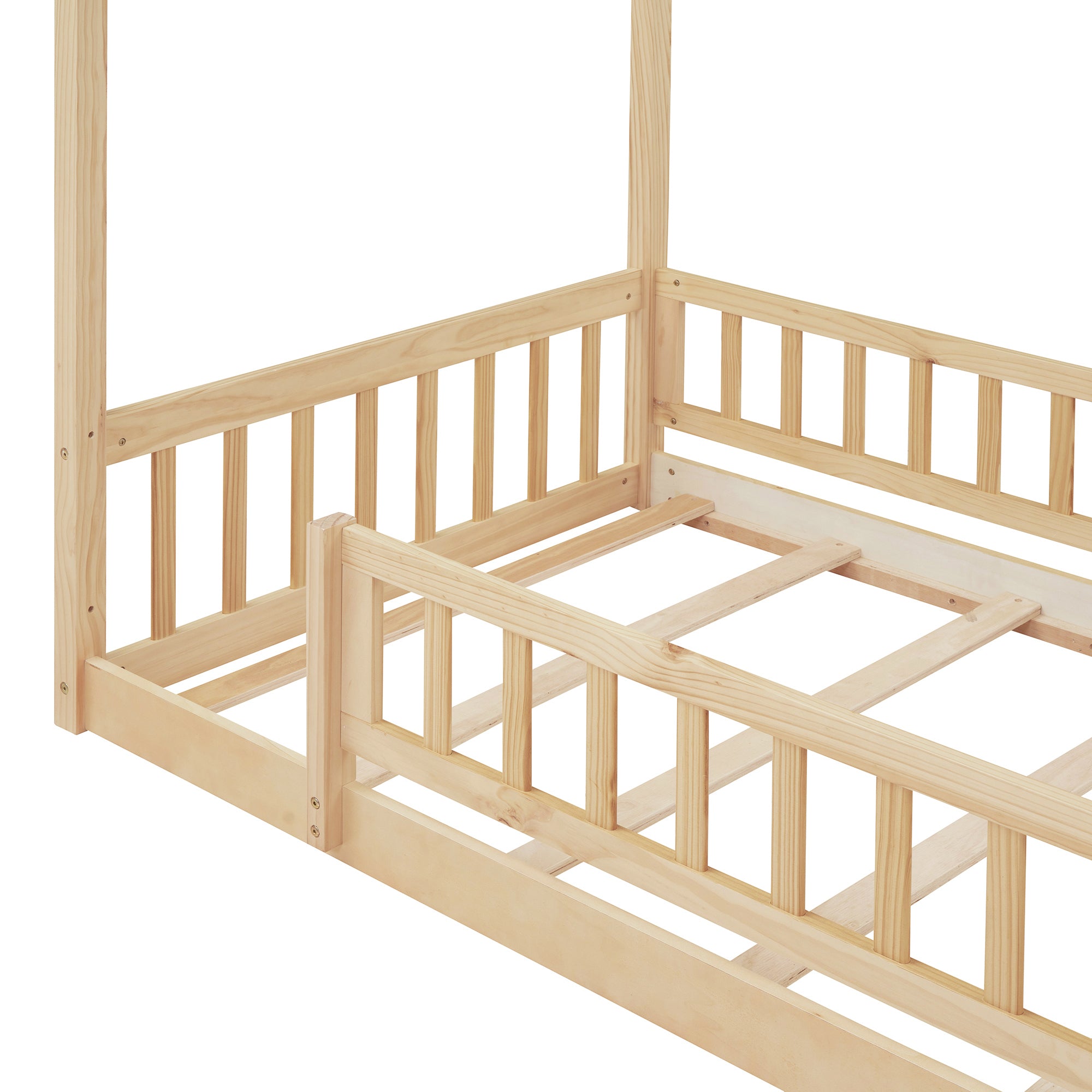Twin Size Wood Bed House Bed Frame with Fence, for box spring not