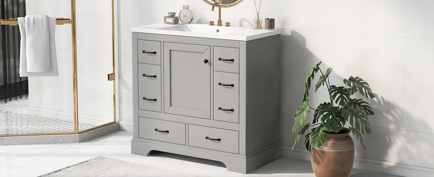 36" Bathroom Vanity With Sink Combo, Six Drawers, Multi Functional Drawer Divider, Adjustable Shelf, Grey Grey Solid Wood Mdf