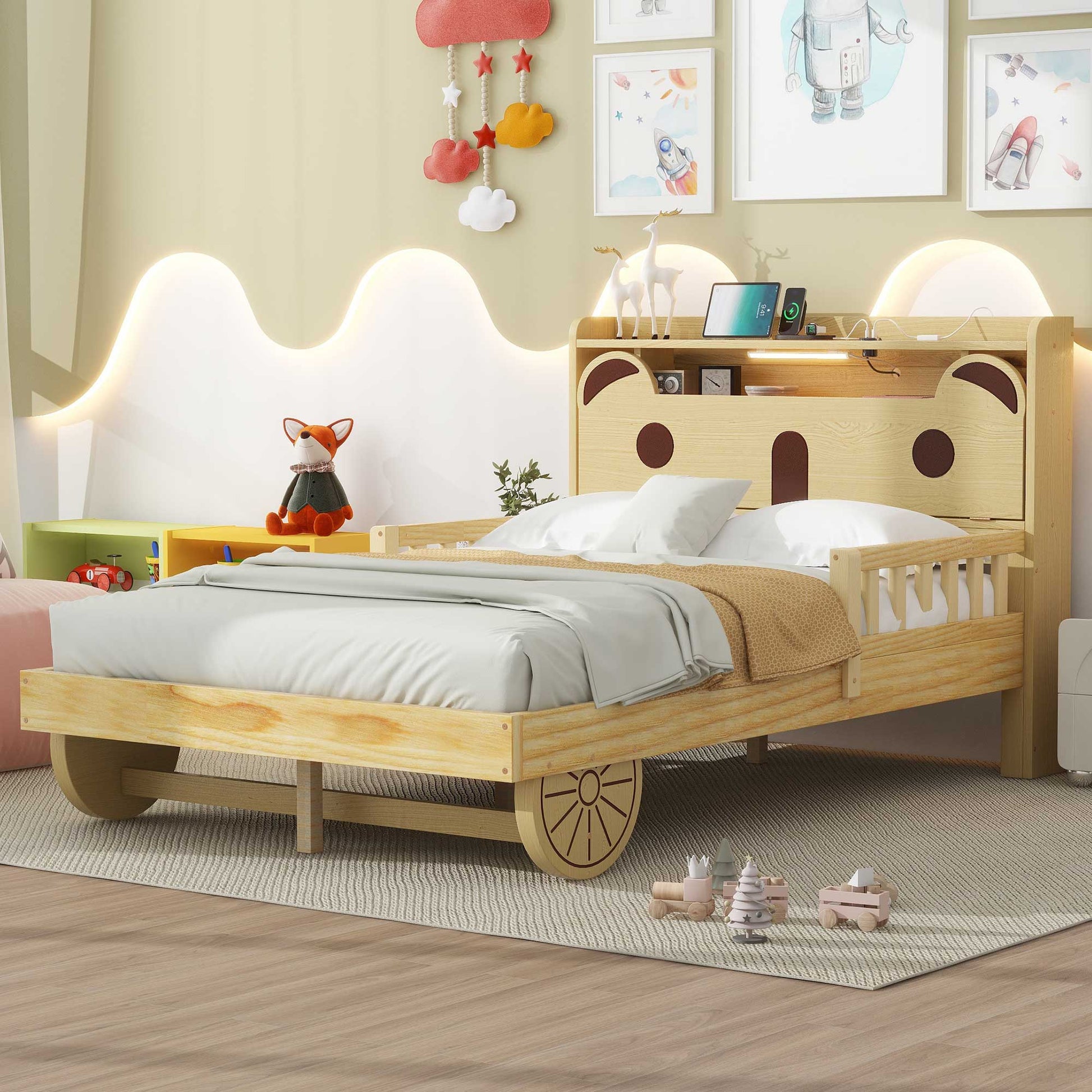 Full Size Car Bed With Bear Shaped Headboard, Usb And Led, Natural Box Spring Not Required Full Natural Bedroom Bed Frame Solid Wood Mdf